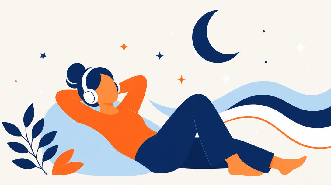 Faceless illustration of a person resting with headphones under a crescent moon