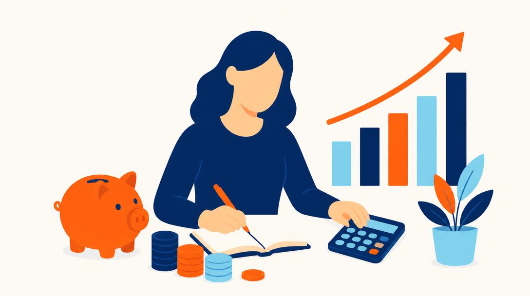 Faceless illustration of a person budgeting with coins and a growth chart
