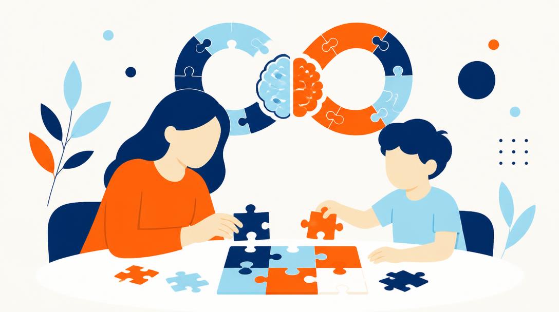 Faceless illustration of an adult and child assembling puzzle pieces